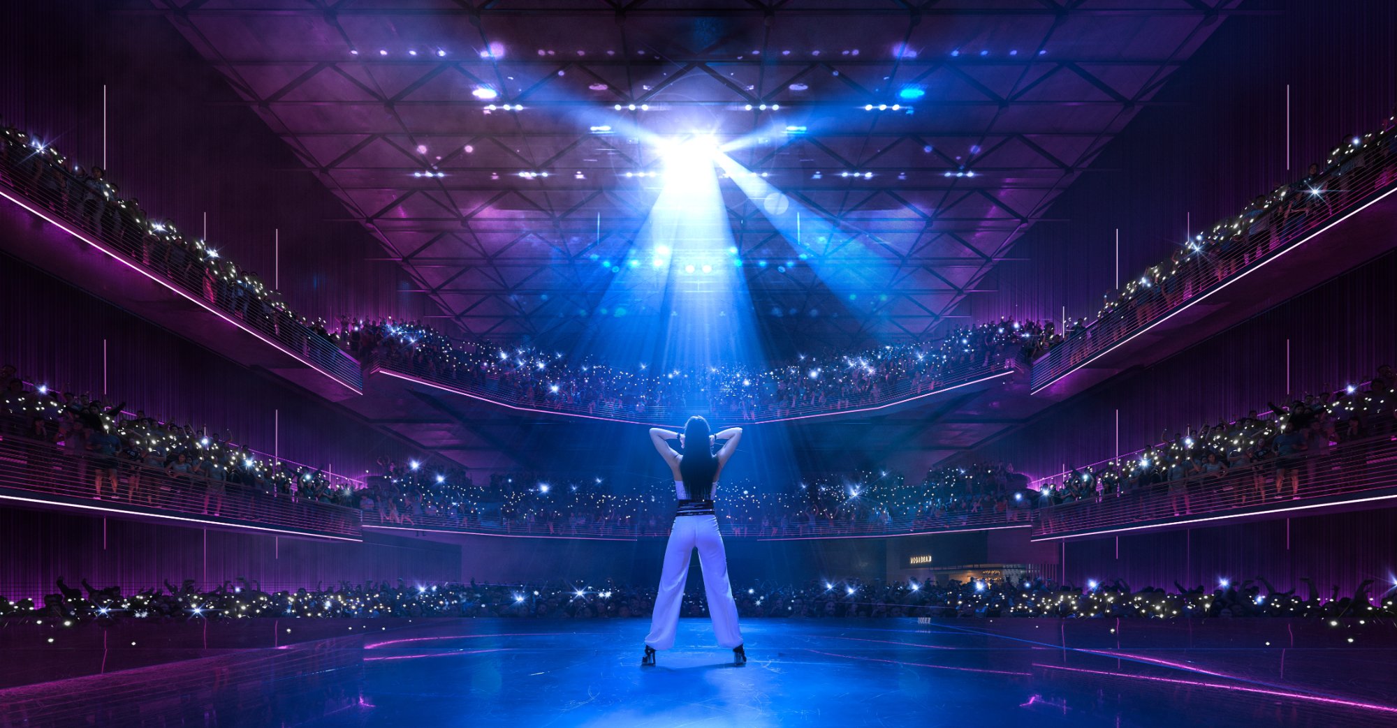 Performer on stage facing packed venue