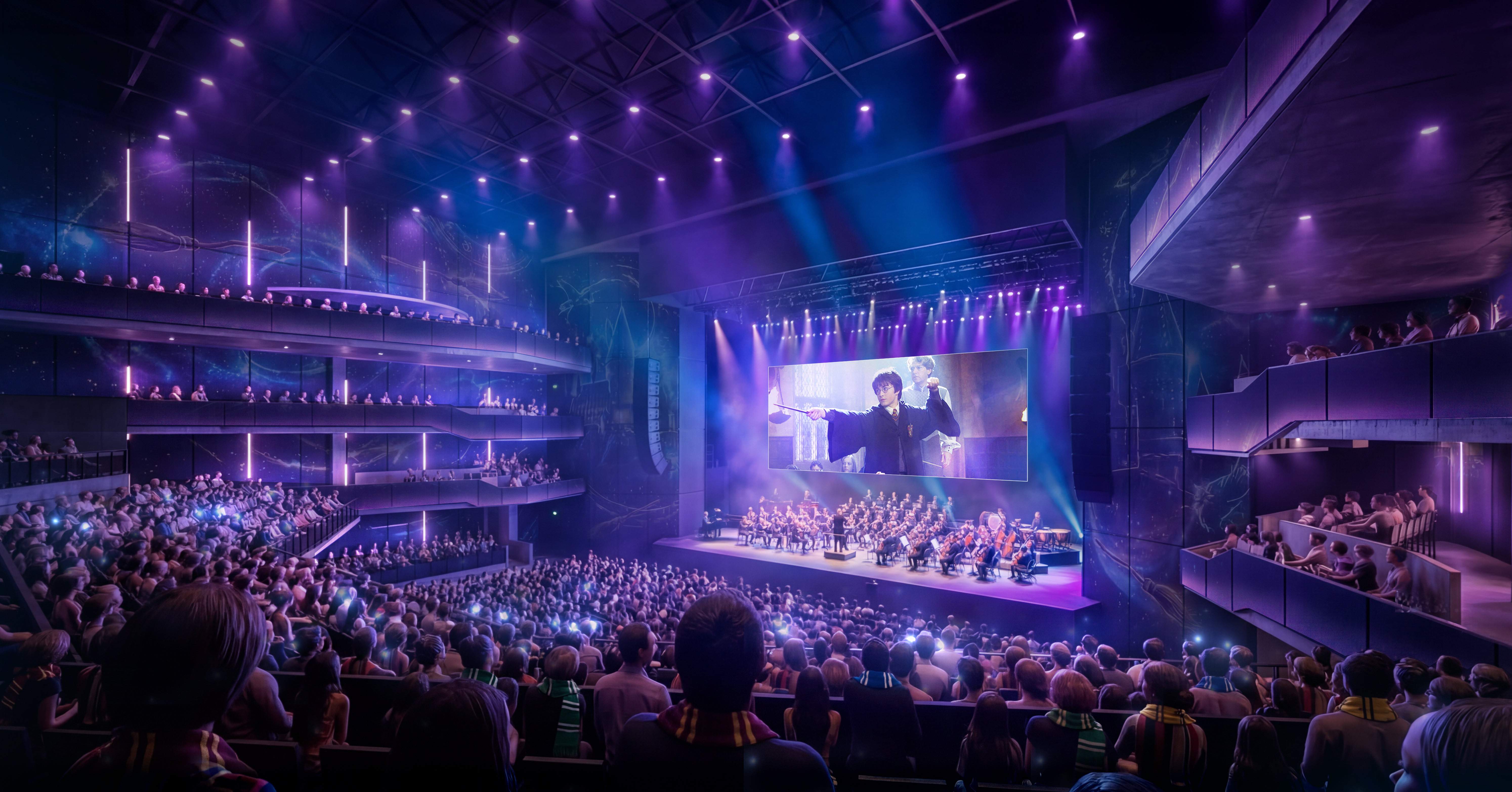 Rendering of orchestra performing a Harry Potter film with live orchestra